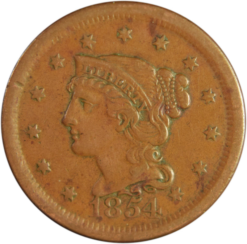 1854 Braided Hair Large Cent . . . . Choice About Uncirculated