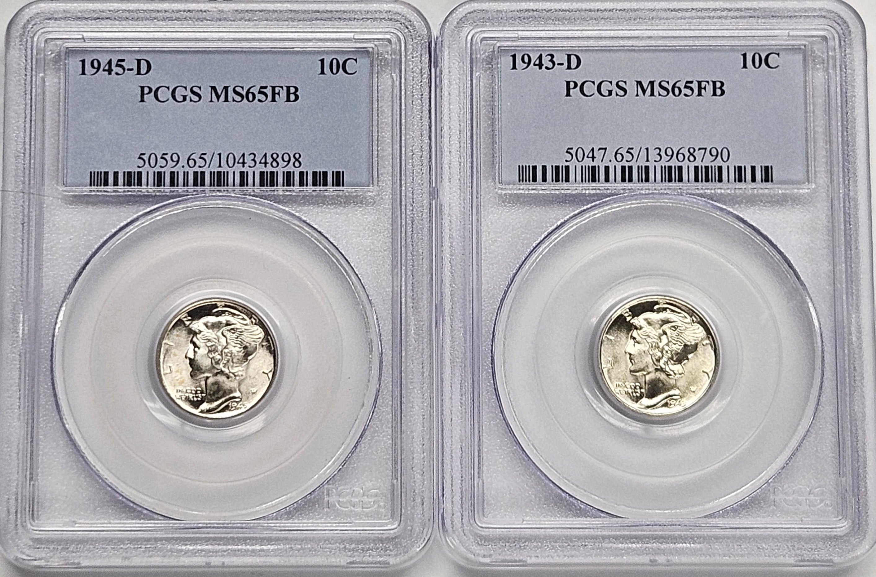 1943-D and 1945-D Mercury Dimes PCGS MS-65 Full Bands – Mount