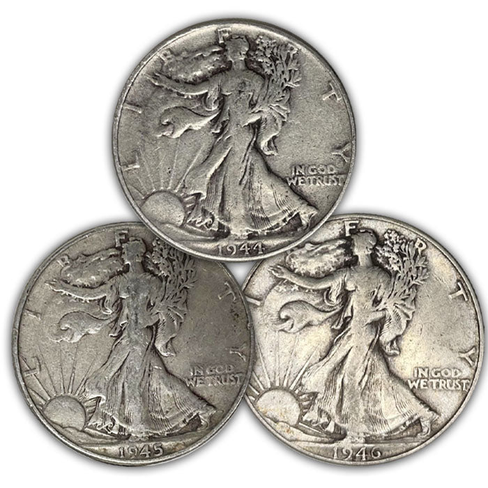 Set of Three Walking Liberty Halves 1944, 1945 and 1946 . . . . Very Fine to Extremely Fine