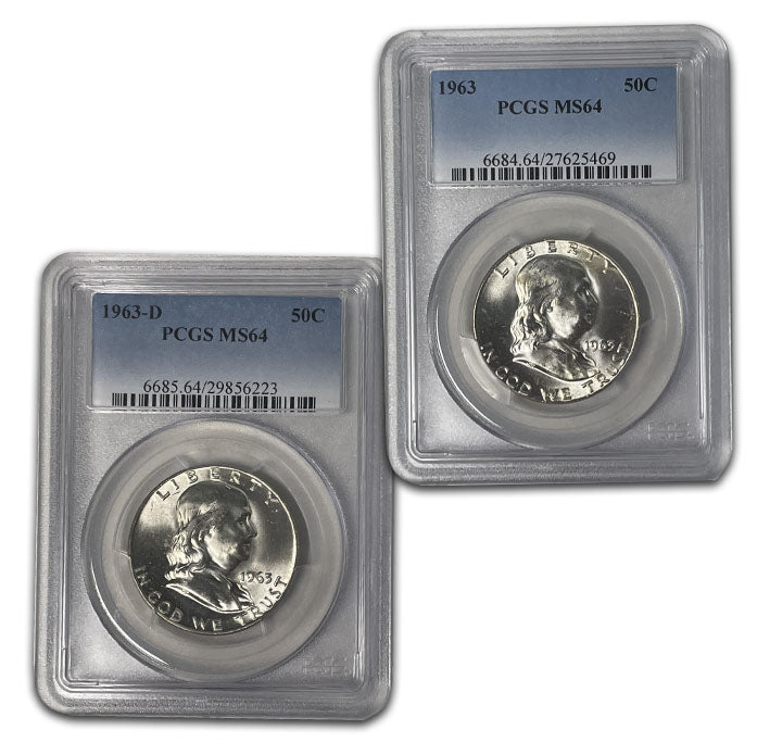1963 and 1963-D Franklin Half Pair . . . . PCGS MS 64