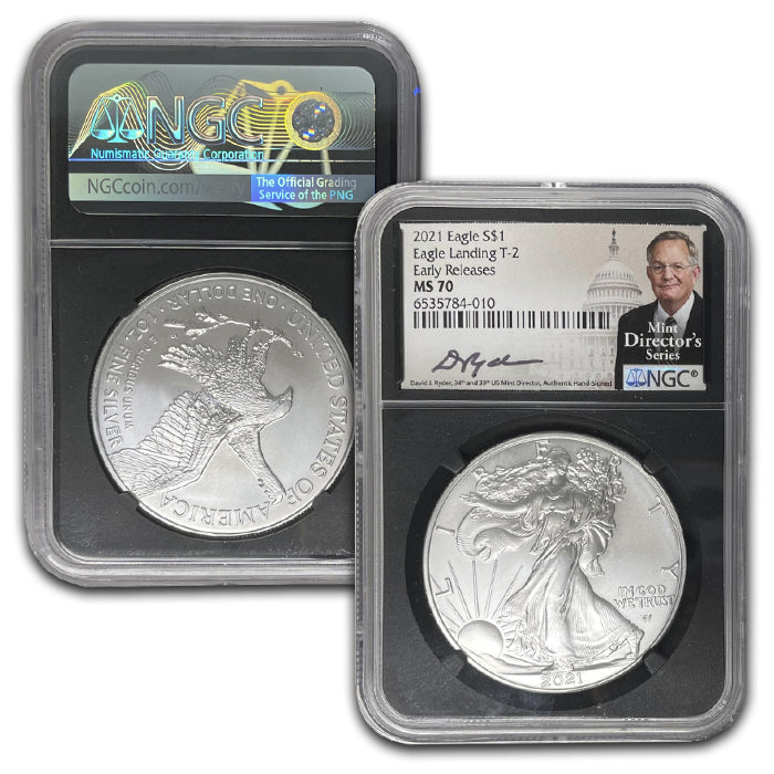 2021 Silver Eagle Eagle Landing T-2 Early Releases . . . . NGC MS-70 Signed by David J. Ryder