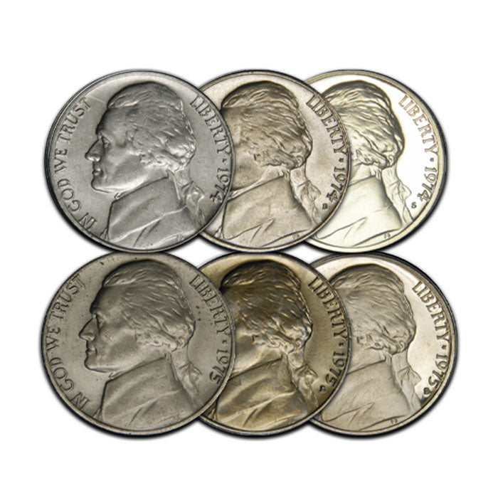 All Six 1974 and 1975 (PDS) Jefferson Nickels . . . . Brilliant Uncirculated and Gem Brilliant Proof