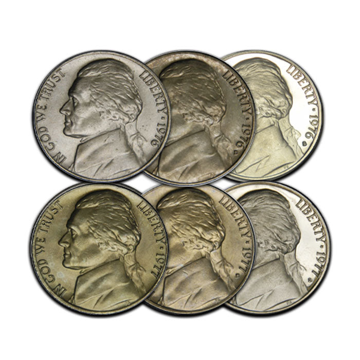 All Six 1976 and 1977 (PDS) Jefferson Nickels . . . . Brilliant Uncirculated and Gem Brilliant Proof