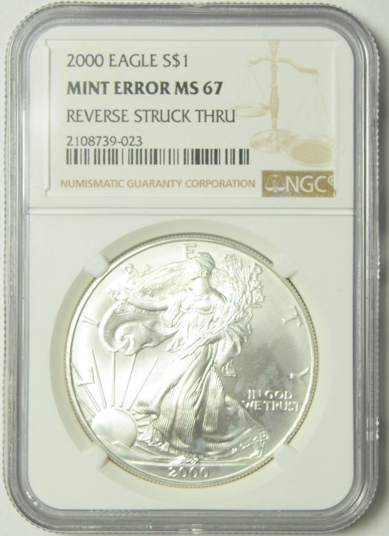 2000 Silver Eagle . . . . NGC Mint Error MS-67 Reverse Struck Thru