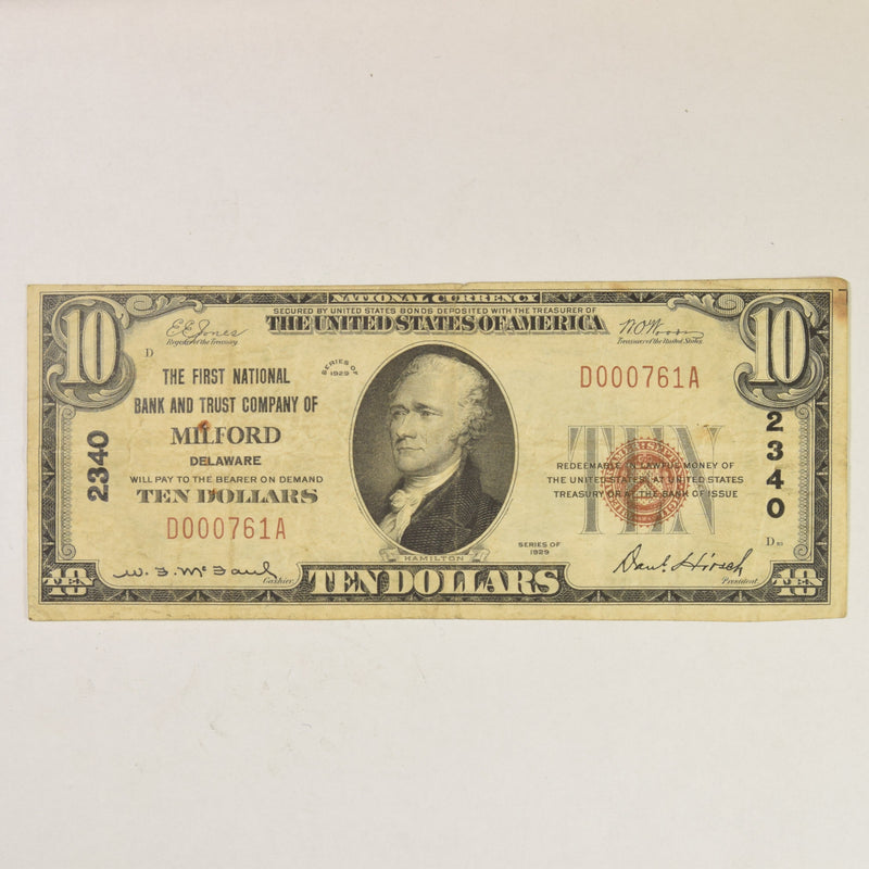 Delaware $10.00 1929 Type 1 The First National Bank and Trust Company Milford, DE CH