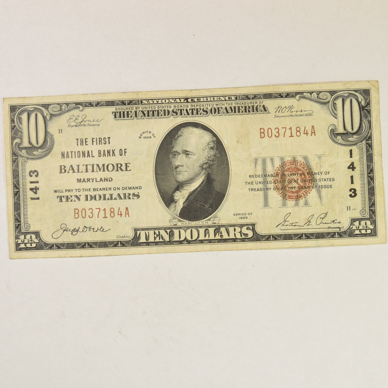 Maryland $10.00 1929 Type 1 The First National of Bank Baltimore, MD CH