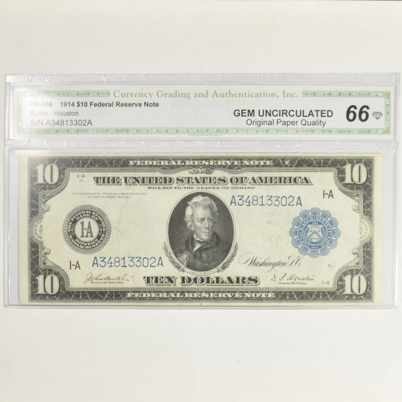 $10.00 1914 Federal Reserve Note Fr. 906 . . . . CGA Gem Unc-66