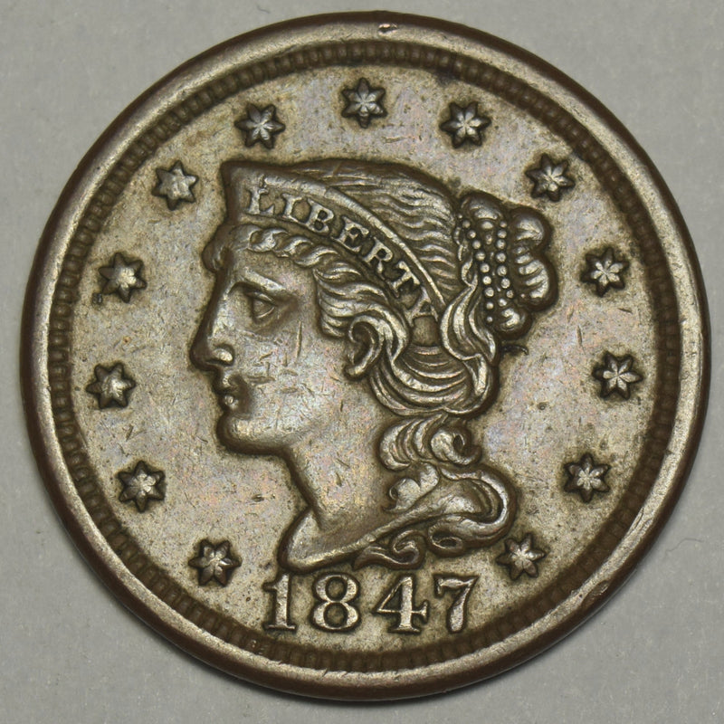1847 Braided Hair Large Cent . . . . Choice About Uncirculated