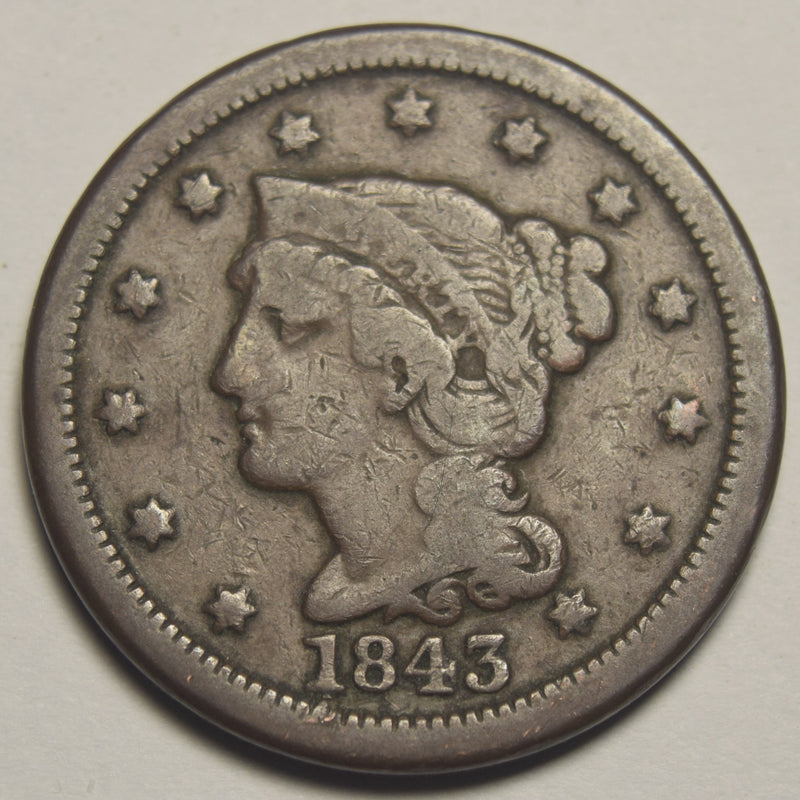 1843 Mature Head Large Letters Braided Hair Large Cent . . . . Very Fine