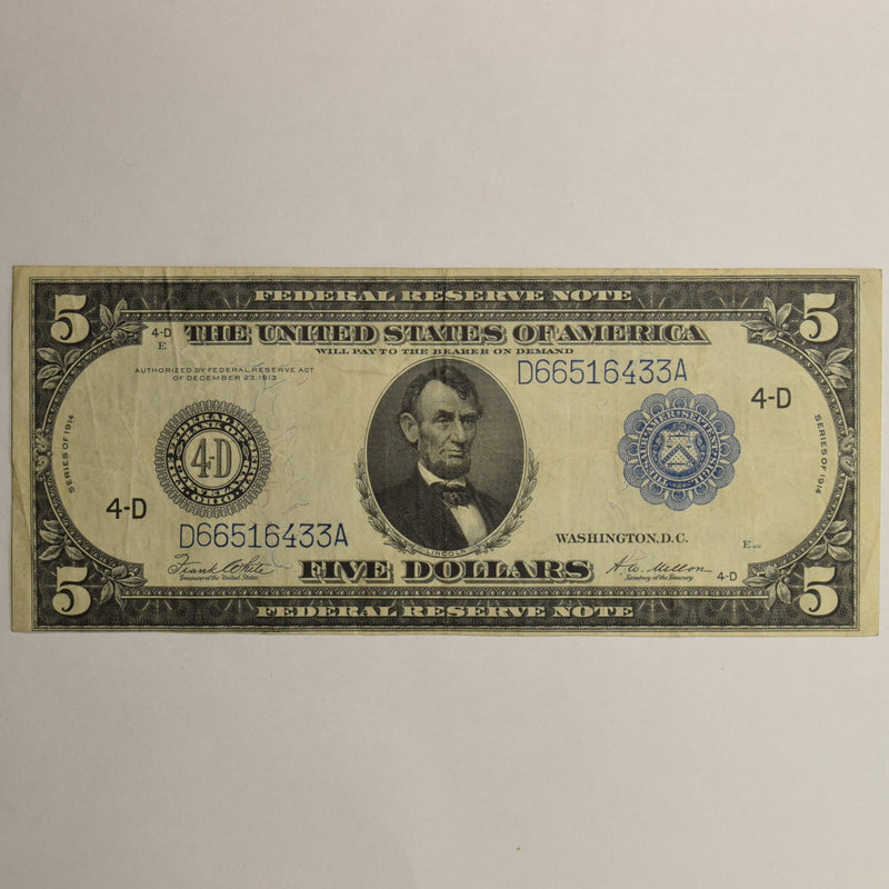 $5.00 1914 Federal Reserve Note Fr. Cleveland 859A . . . . Extremely Fine