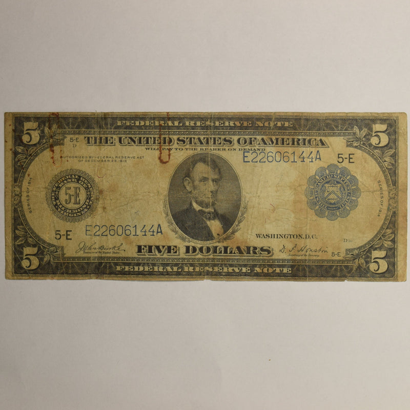 $5.00 1914 Federal Reserve Note Richmond Fr. 862 . . . . VG rust