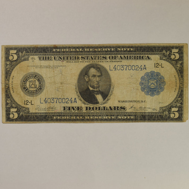 $5.00 1914 Federal Reserve Note San Francisco FR. 891 . . . . Fine