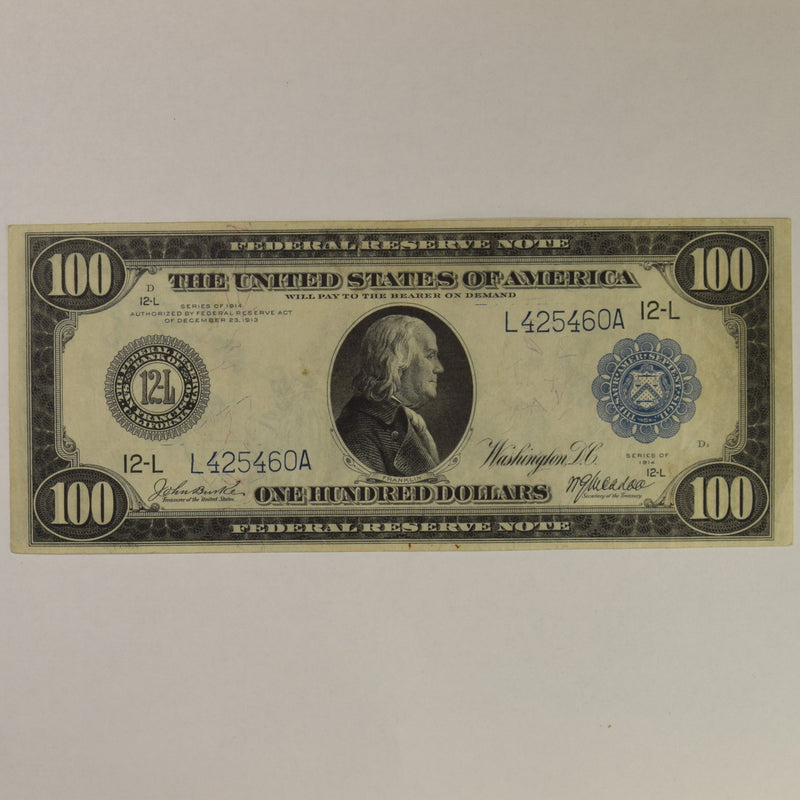 $100.00 1914 Federal Reserve Note San Francisco FR. 1128 . . . . Choice About Uncirculated