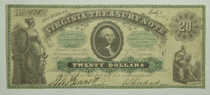 $20.00 1861 Virginia Treasury Note . . . . Very Fine
