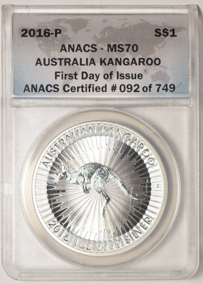 2016-P Australia Kangaroo . . . . ANACS MS-70 First Day of Issue 1 oz. Silver