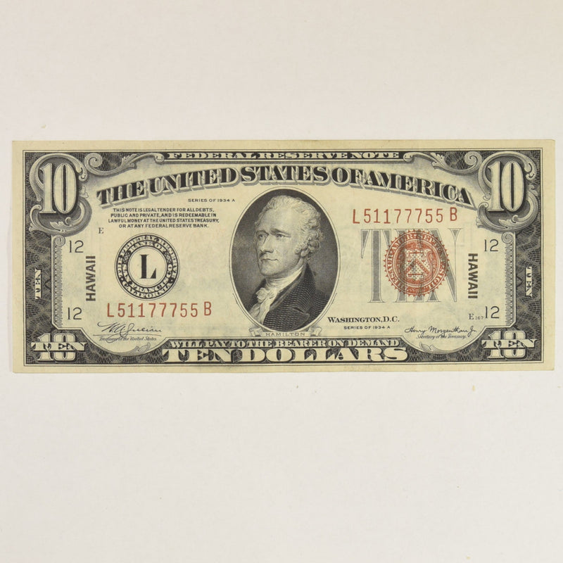 $10.00 1934 A -HAWAII- Federal Reserve Note . . . . Choice About Uncirculated