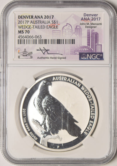 2017-P Australian Wedge Tailed Eagle . . . . NGC MS-70 Denver ANA 2017 John M. Mercanti Autograph 1 oz. Silver