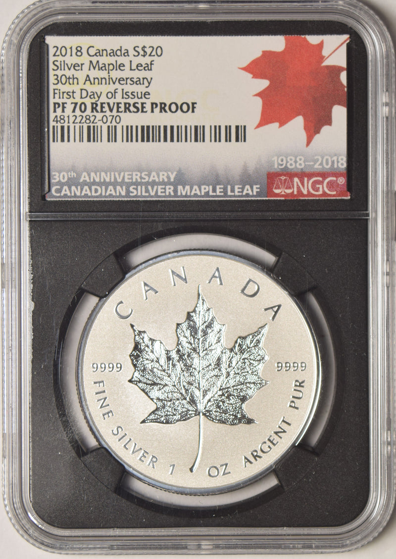 2018 Canada $20.00 Silver Maple Leaf . . . . NGC PF-70 Reverse Proof 30th Anniversary First Day of Issue 1 oz. Silver Retro Black Holder