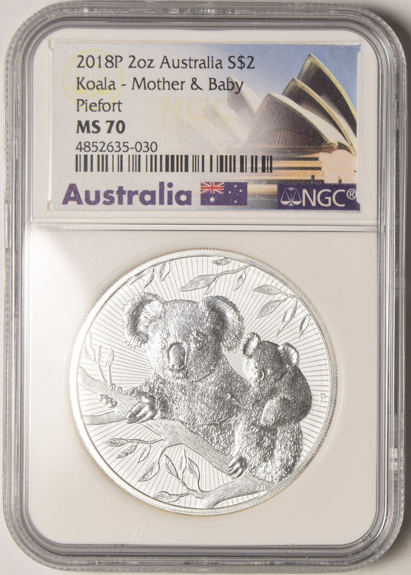 2018-P Australia $2.00 Koala Mother & Baby . . . . NGC MS-70 Piefort 2 oz. Silver