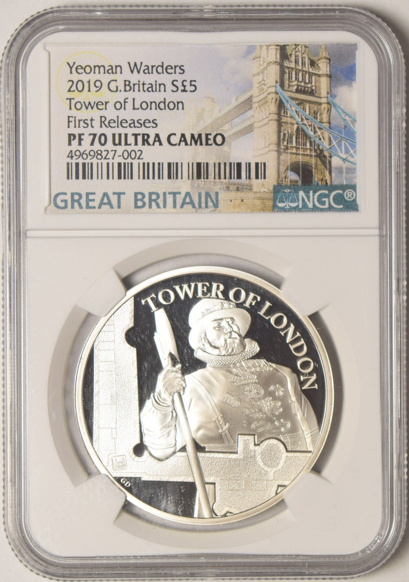2019 Great Britain Silver 5 Pounds Yeoman Warders . . . . NGC PF-70 Ultra Cameo First Releases Tower of London