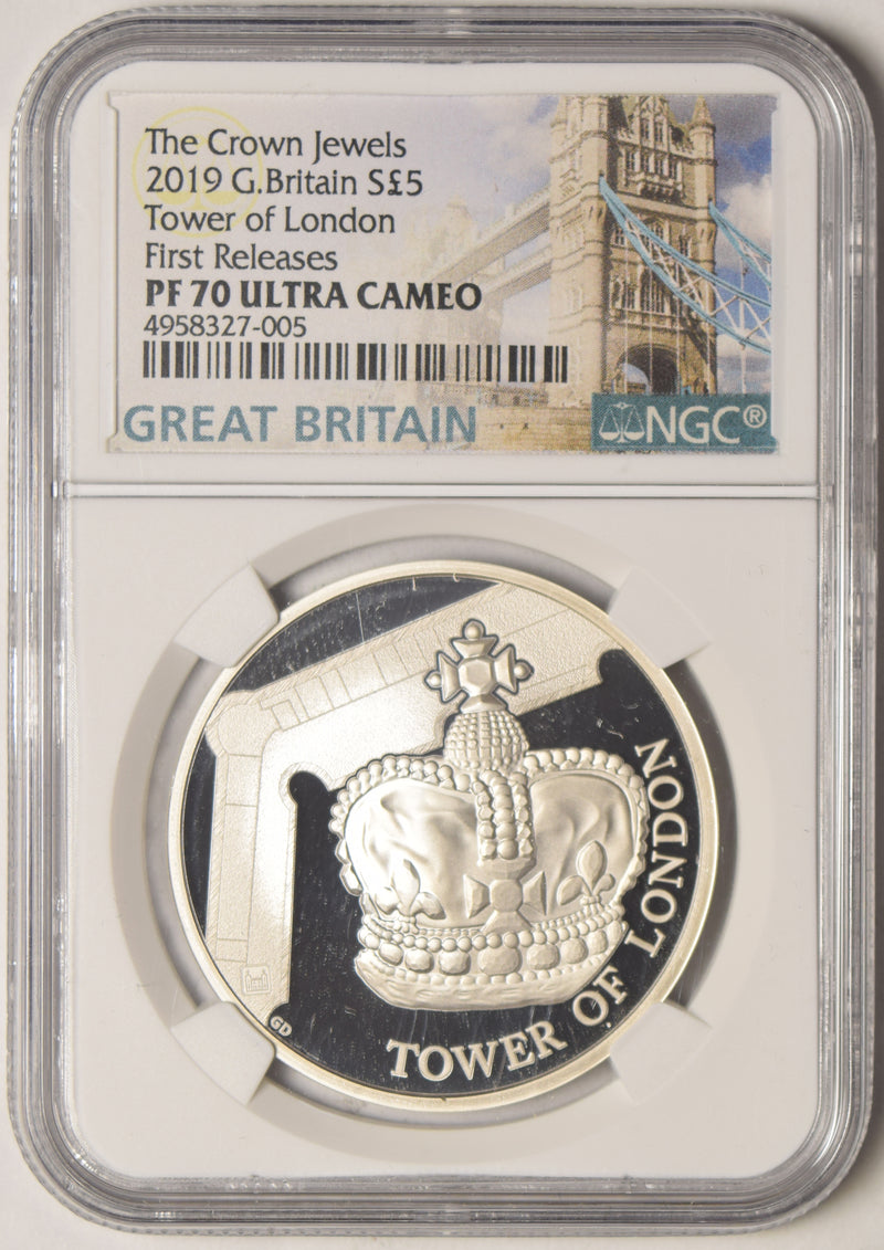 2019 Great Britain Silver 5 Pounds The Crown Jewels . . . . NGC PF-70 Ultra Cameo Tower of London First Releases