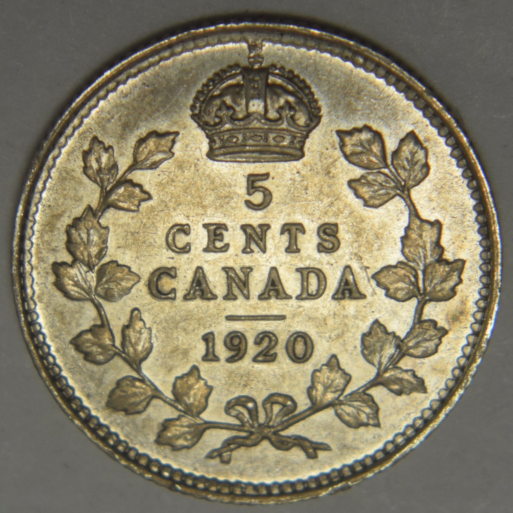1920 Canadian 5 Cents Choice About Uncirculated Mount Vernon Coin