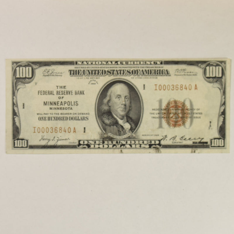 Minneapolis $100.00 1929 Federal Reserve Bank Note FR. 1890I . . . . Choice About Uncirculated