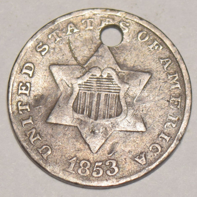 1853 Silver Three Cent Piece . . . . Fine holed