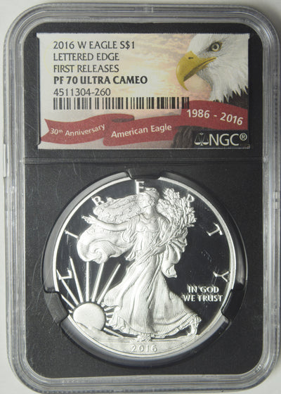 2016-W Lettered Edge Silver Eagle . . . . NGC PF-70 Ultra Cameo First Releases 30th Anniversary American Eagle Retro Holder