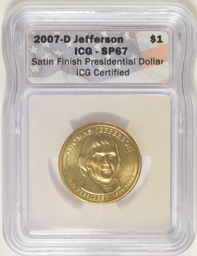 2007-D Jefferson Presidential Dollar . . . . ICG MS-67 Satin Finish