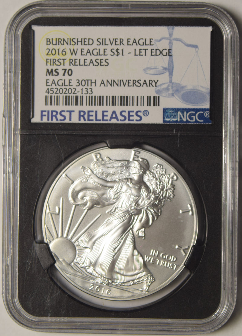 2016-W Lettered Edge Burnished Silver Eagle . . . . NGC MS-70 Eagle 30th Anniversary First Releases Retro Holder