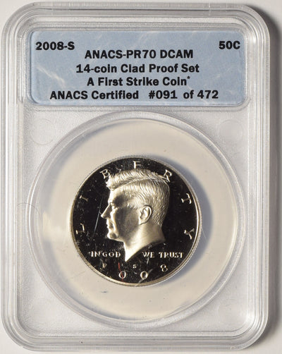 2008-S Kennedy Half . . . . ANACS PR-70 DCAM from 14-coin Clad Proof Set A First Strike Coin