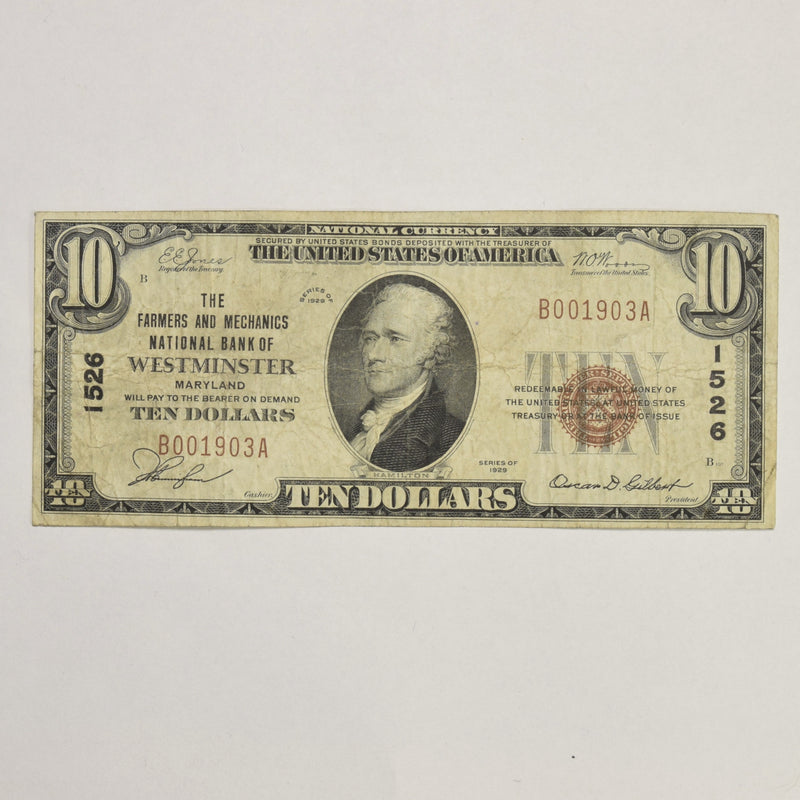 Maryland $10.00 1929 Type 1 The Farmers and Mechanics National Bank of Westminster, MD CH