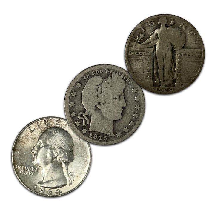 3 Different 90% Quarters: Standing Liberty, Barber and Washington . . . . Average Circulated
