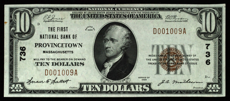 Massachusetts $10.00 1929 Type 1 First National Bank of Provincetown, MA CH