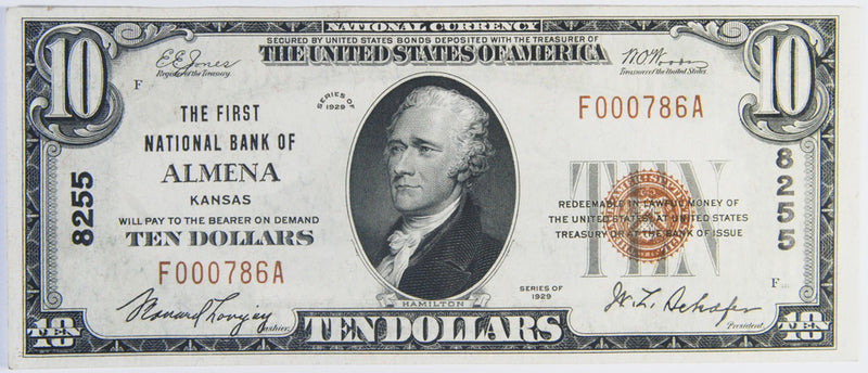 Kansas $10.00 1929 Type 1 First National Bank of Almena, KS CH