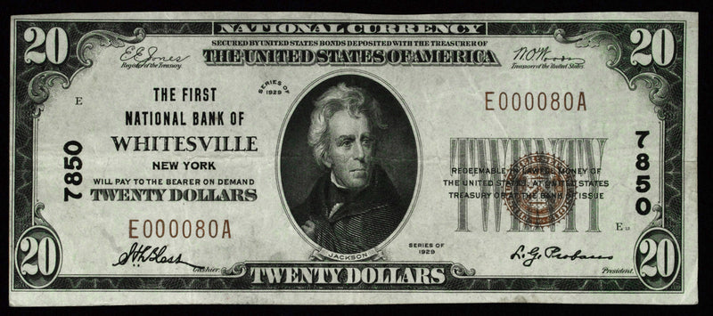 New York $20.00 1929 Type 1 First National Bank of Whitesville, NY CH