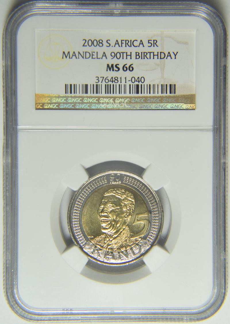 2008 South Africa 5 Rand . . . . NGC MS-66 Mandela 90th Birthday