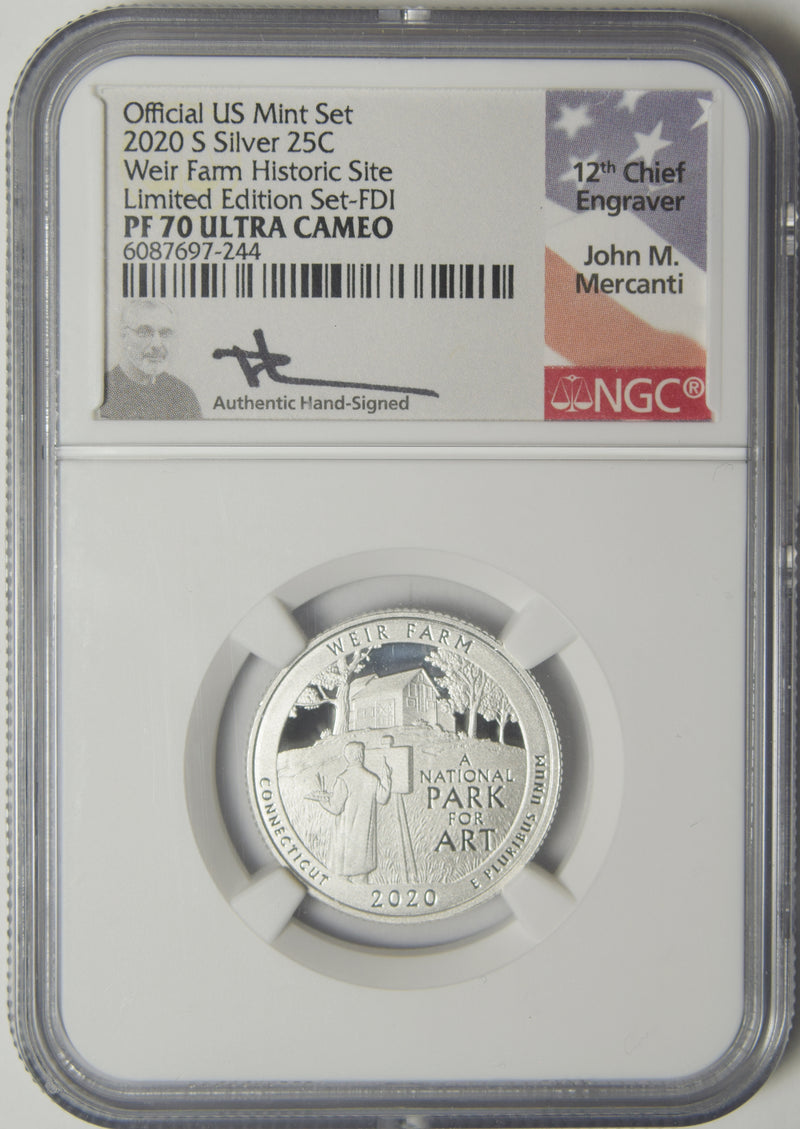 2020-S Weir Farm Historic Site Silver Quarter . . . . NGC PF-70 Ultra Cameo Limited Edition Set First Day of Issue Mercanti Autograph