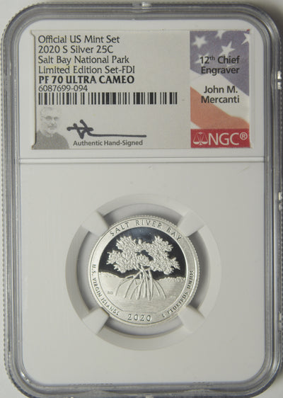 2020-S Salt Bay National Park Silver Quarter . . . . NGC PF-70 Ultra Cameo Limited Edition Set First Day of Issue Mercanti Autograph