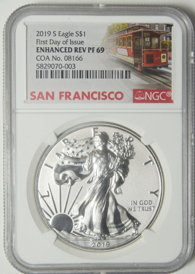 2019-S Silver Eagle . . . . NGC Enhanced Reverse PF-69 First Day of Issue COA No. 08166