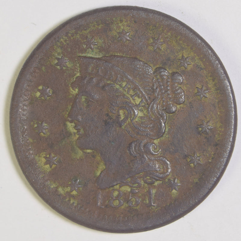 1851 Braided Hair Large Cent . . . . XF corroded