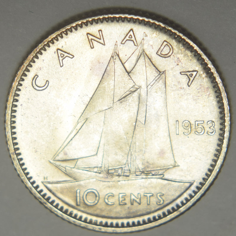 1953 No Shoulder Fold Canadian 10 Cents . . . . Choice Brilliant Uncirculated