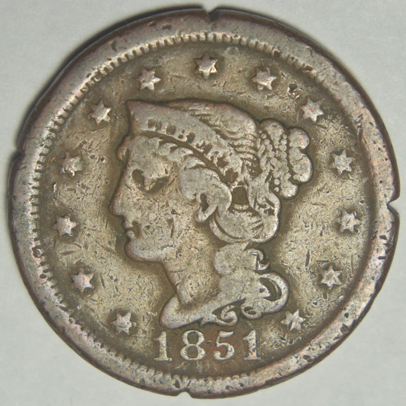1851 Braided Hair Large Cent . . . . Fine rim cuts