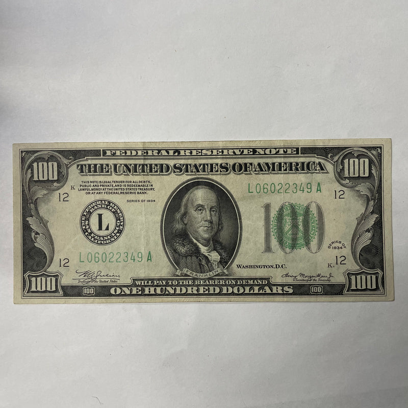$100.00 1934 Federal Reserve Note . . . . Choice About Uncirculated