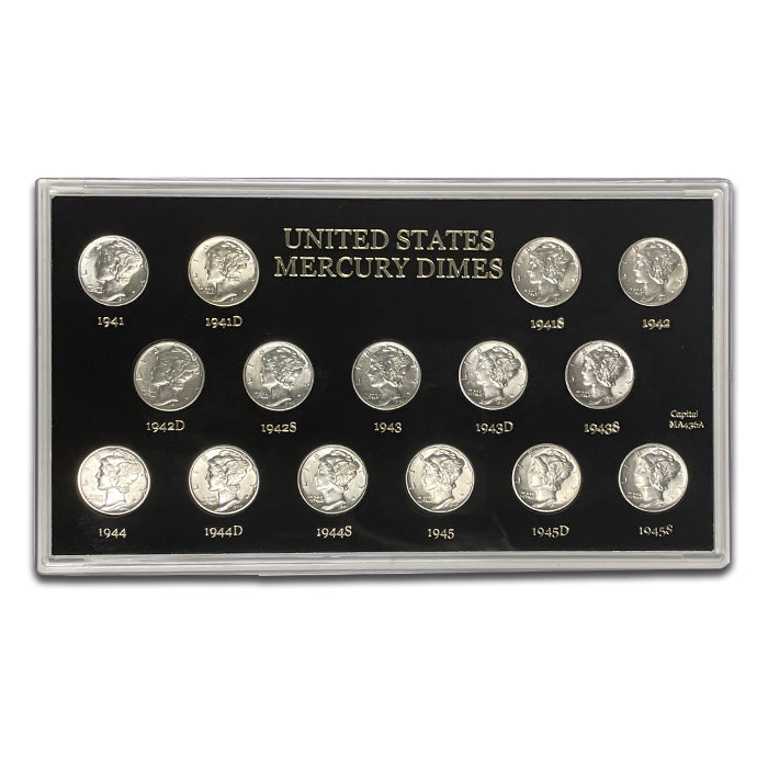 1941-1945-PDS Silver Mercury Dimes . . . . All 15 BU Silver coins in a Lucite display board