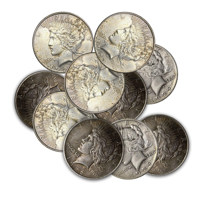10 Mixed Dates Silver Peace Dollars . . . . Fine or better Condition