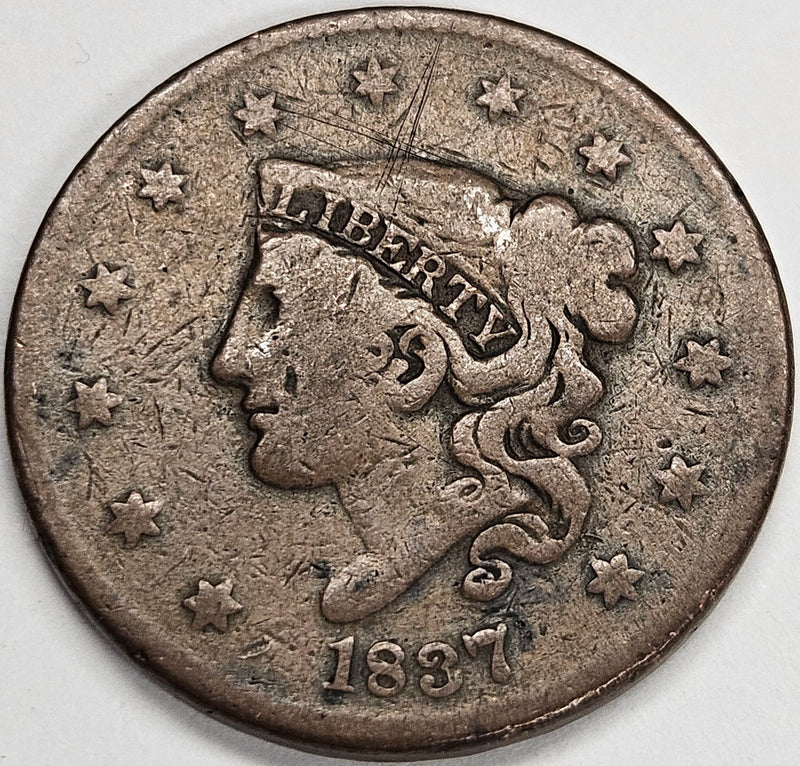 1837 Plain Cords Medium Letters Coronet Head Large Cent . . . . Very Good