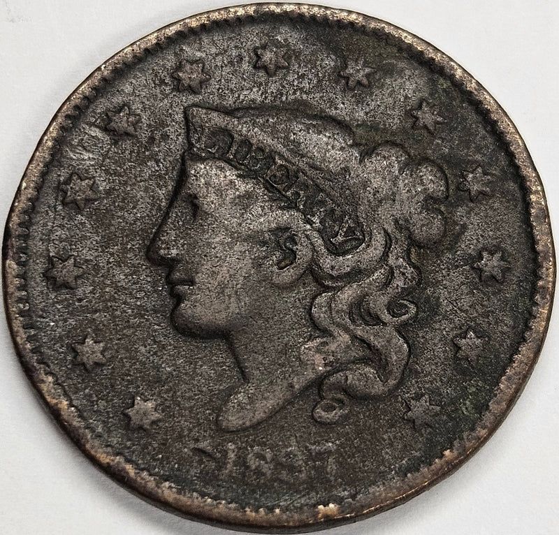 1837 Plain Cord Large Letters Coronet Head Large Cent . . . . Fine