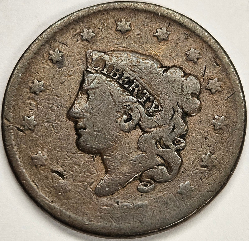 1837 Plain Cord Large Letters Coronet Head Large Cent . . . . Very Good